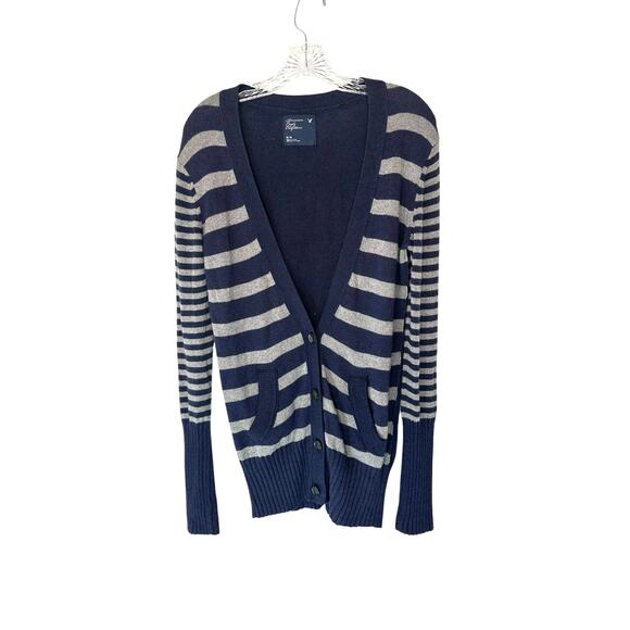 American Eagle Blue Gray Y2K Striped V-Neck Button Front Cardigan Size Medium - Picture 1 of 12